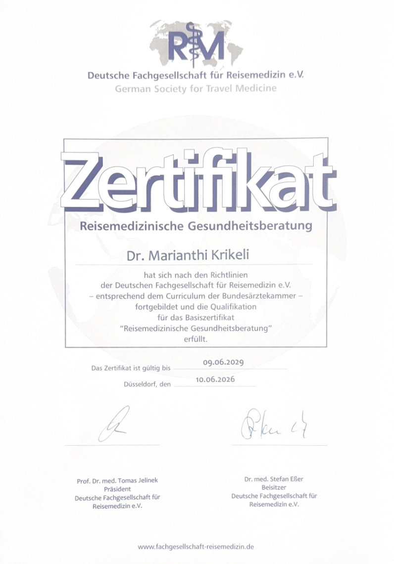 Zertifikat reisemedizinische Gesundheitsberatung