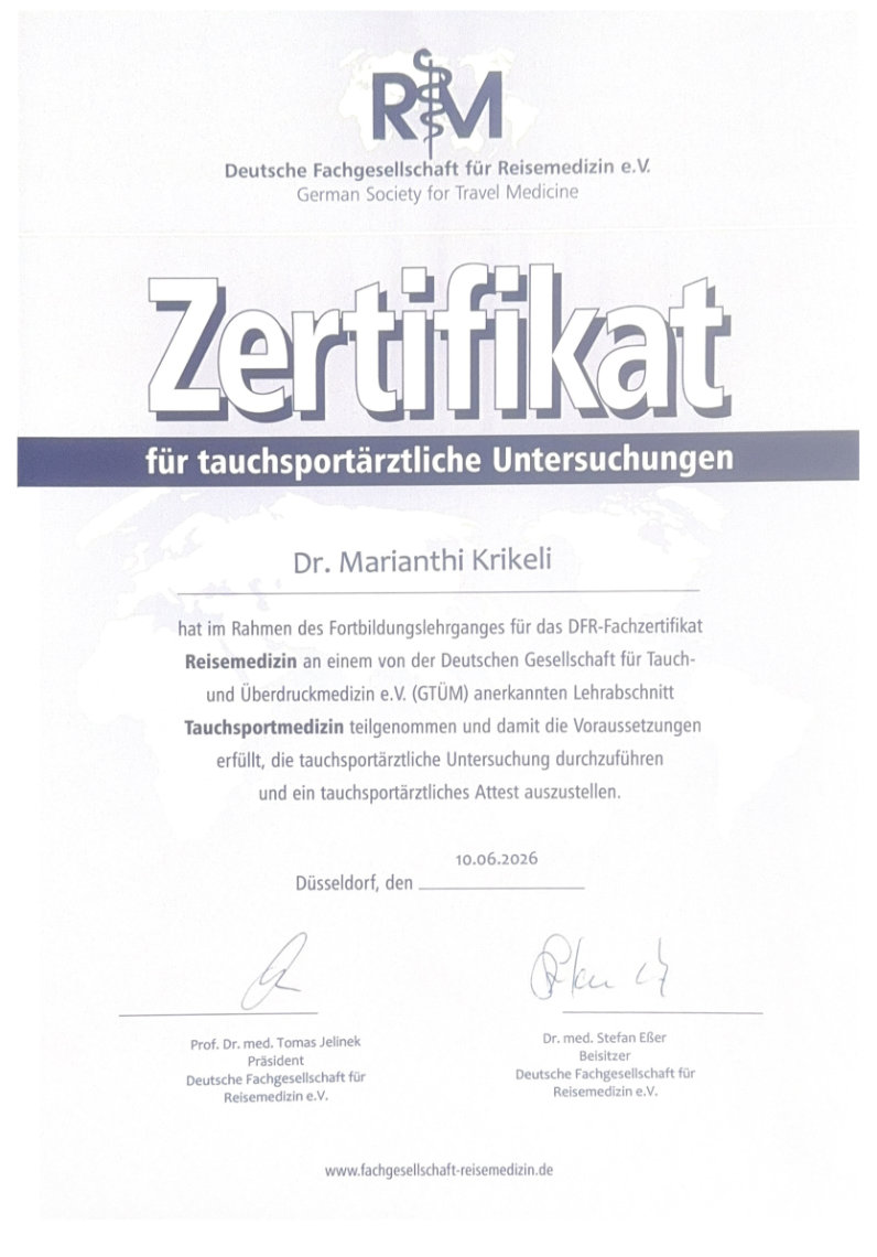 Zertifikat für tauchsportärztliche Untersuchungen